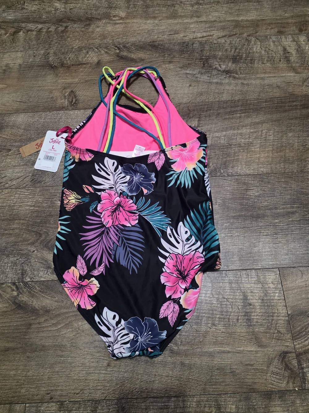 Justice Girls'  Tropical Floral One-Piece Swimsuit Pink Accents Size Large 12/14